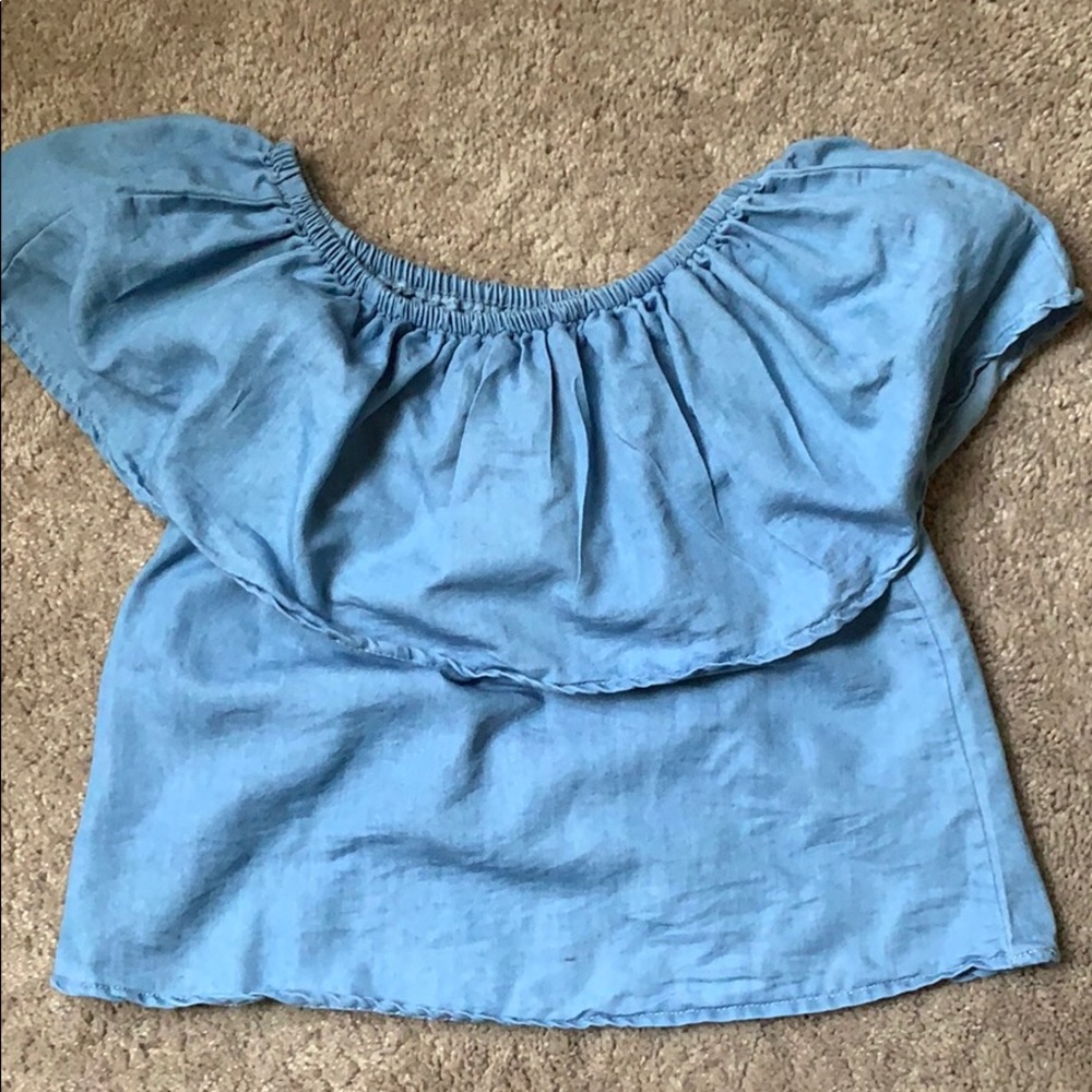 Blue crop top, off the shoulder